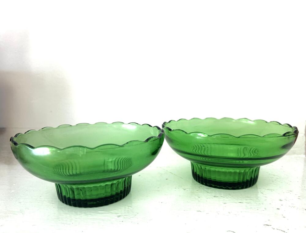 Pair E O Brody Green Glass M2000 Pedestal Candy Dishes Cleveland Ohio Vintage